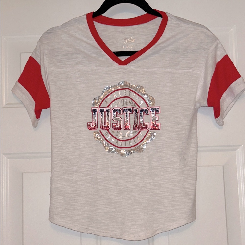 Justice V-Neck Sequins Sporty T-Shirt 8 Red Gray Casual Summer